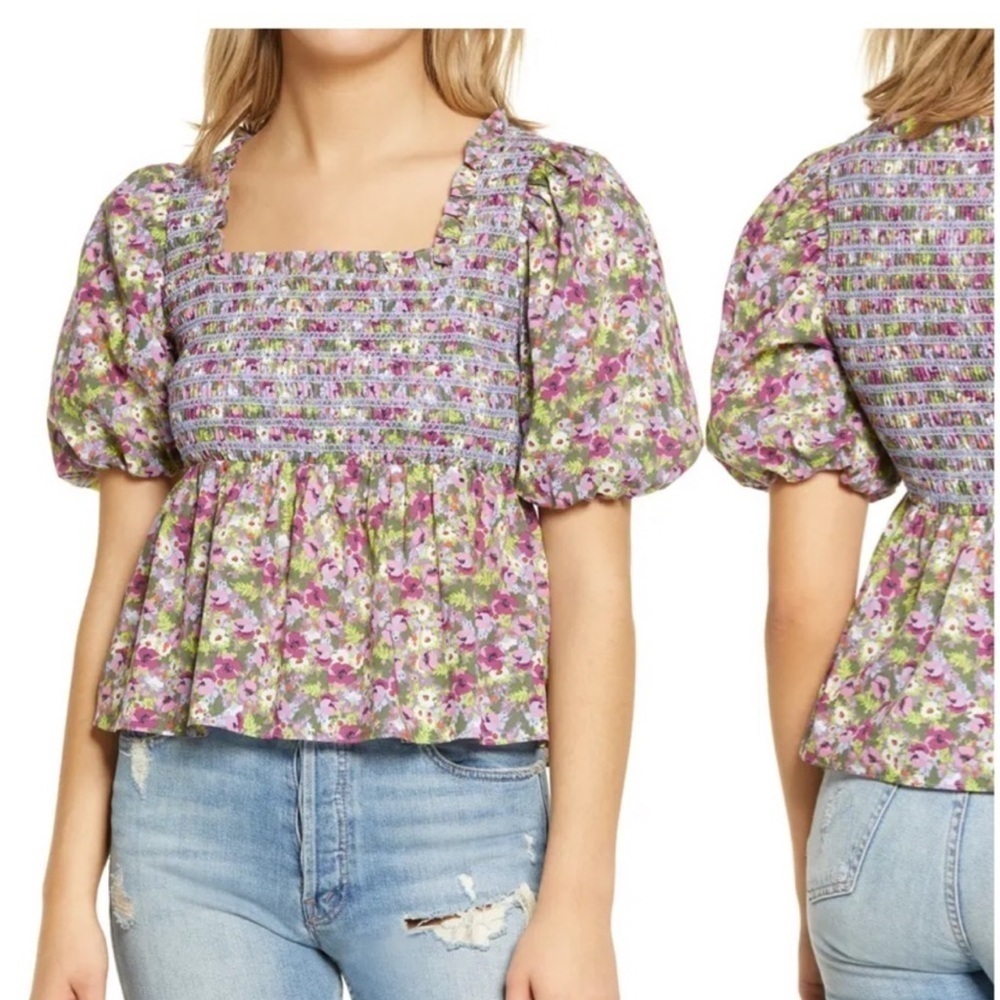 English Factory FLORAL PUFF SLEEVE SMOCKED TOP boho summer vacation event